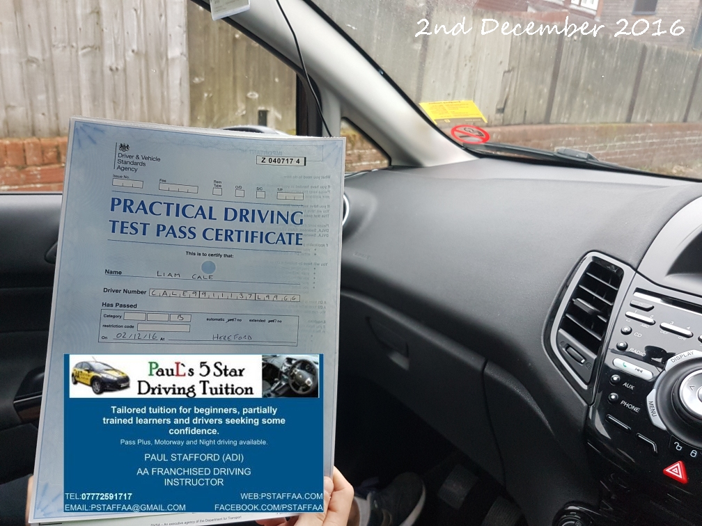 Test Pass Pupil Liam Cale with Paul's 5 star Driving Tuition